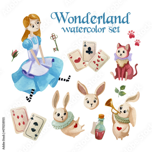 Watercolor wonderland set. Hand drawn vintage art work with white rabbit, girl in blue dress and playing cards