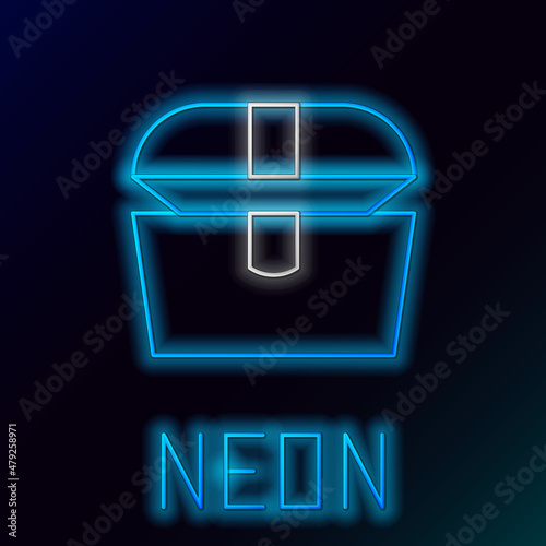 Glowing neon line Antique treasure chest icon isolated on black background. Vintage wooden chest with golden coin. Colorful outline concept. Vector