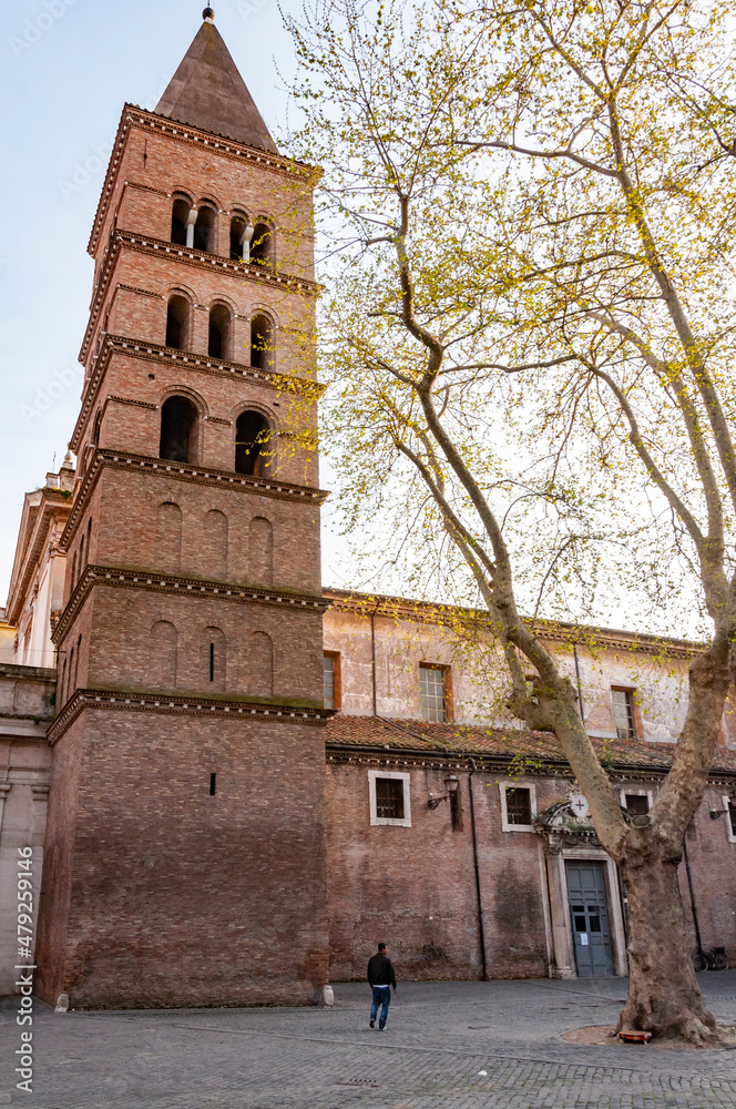 Obraz premium Basilica of St. Chrysogonus Basilica di San Crisogono, IV cent. with a bell tower of XII century in Rome, Italy