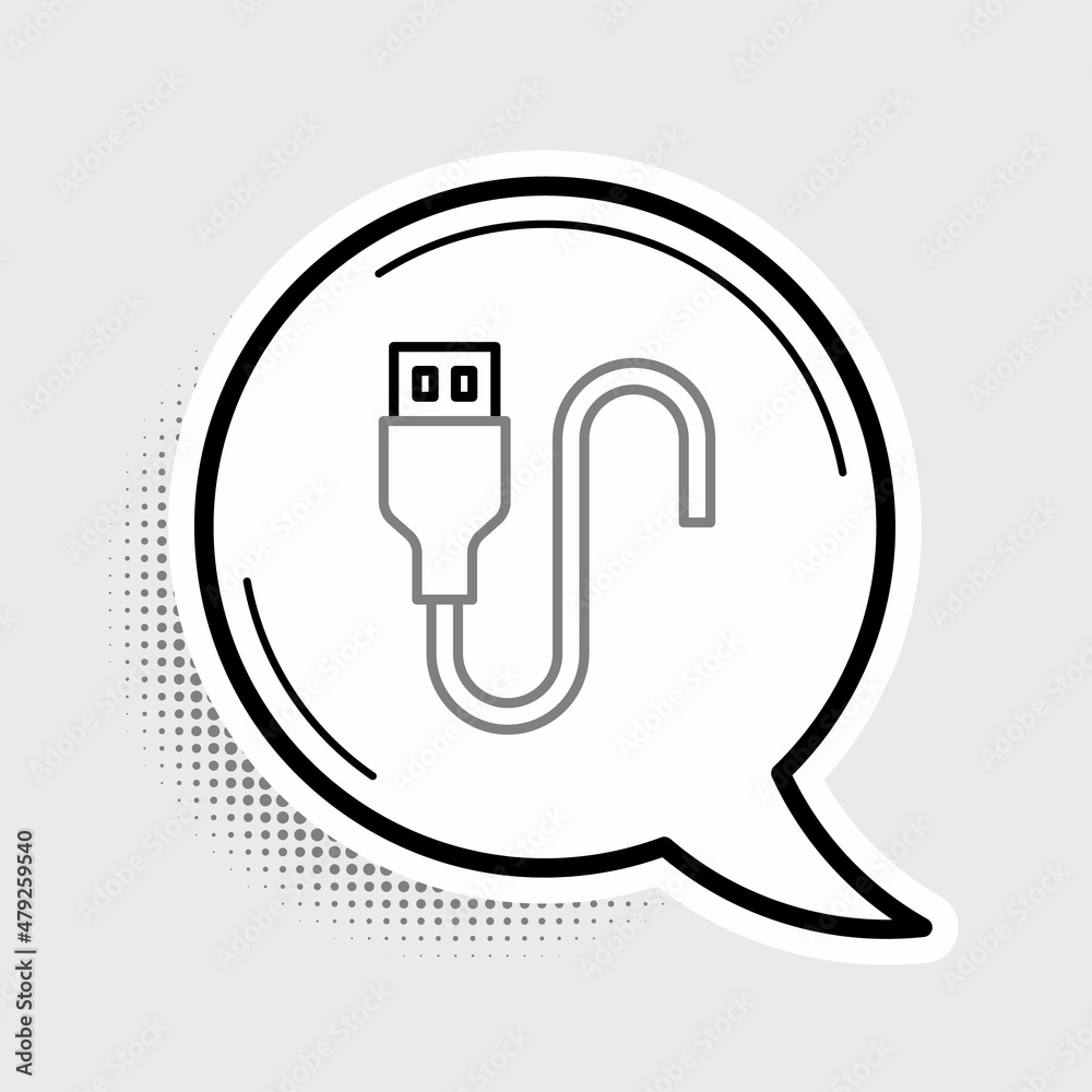 Line USB cable cord icon isolated on grey background. Connectors and sockets for PC and mobile devices. Colorful outline concept. Vector Line USB cable cord icon isolated on grey background. Connectors and sockets for PC and mobile devices. Colorful outline concept. Vector