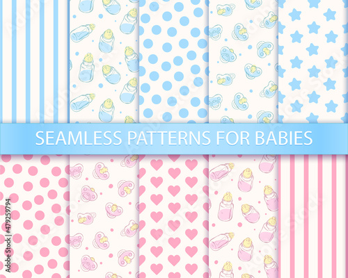 A cute and gentle pastel collection of seamless patterns for children's products, for boys and girls. Set of hearts, polka dot, stars, stripes, doodles pacifiers and baby bottles .
