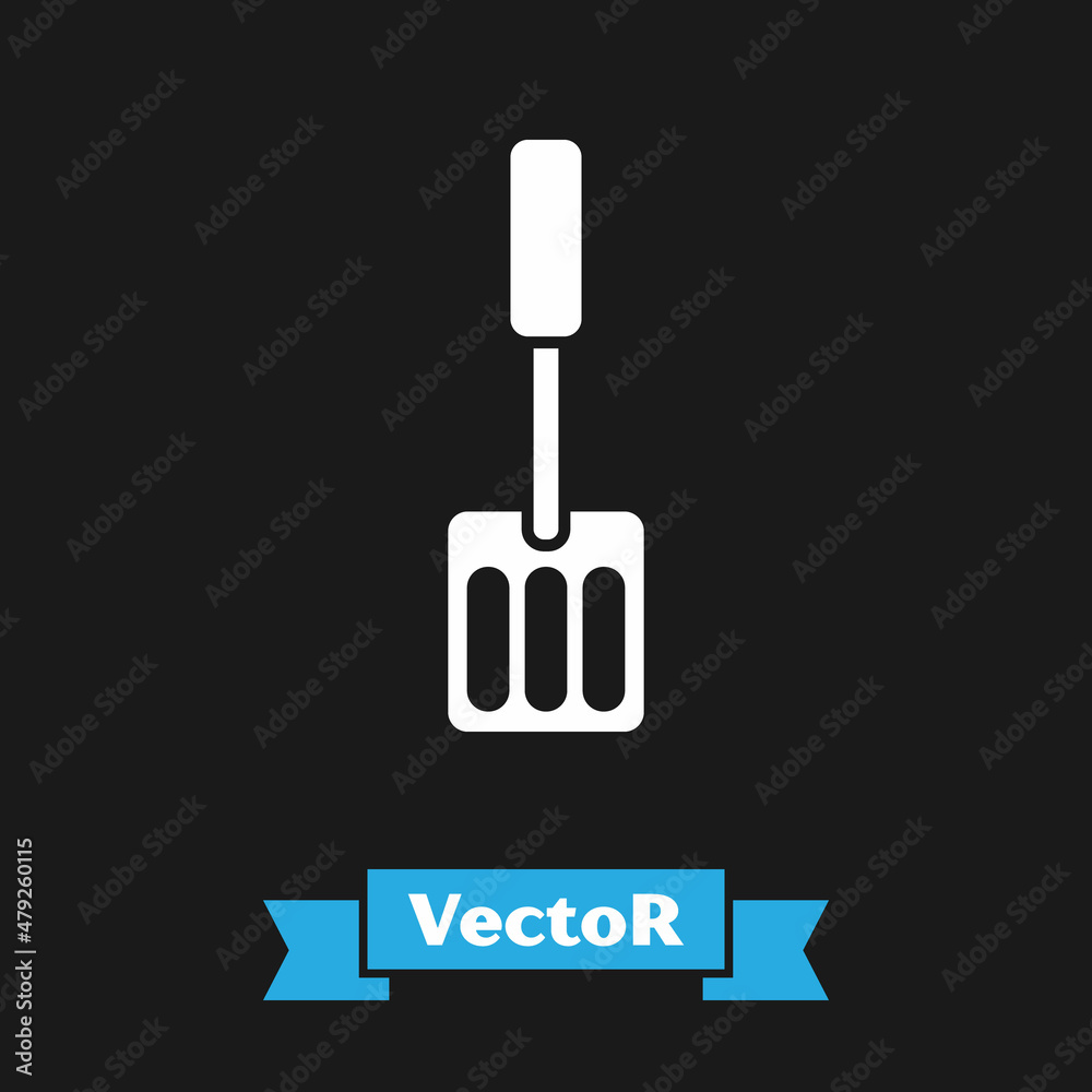 White Spatula icon isolated on black background. Kitchen spatula icon. BBQ spatula sign. Barbecue and grill tool. Vector White Spatula icon isolated on black background. Kitchen spatula icon. BBQ spatula sign. Barbecue and grill tool. Vector