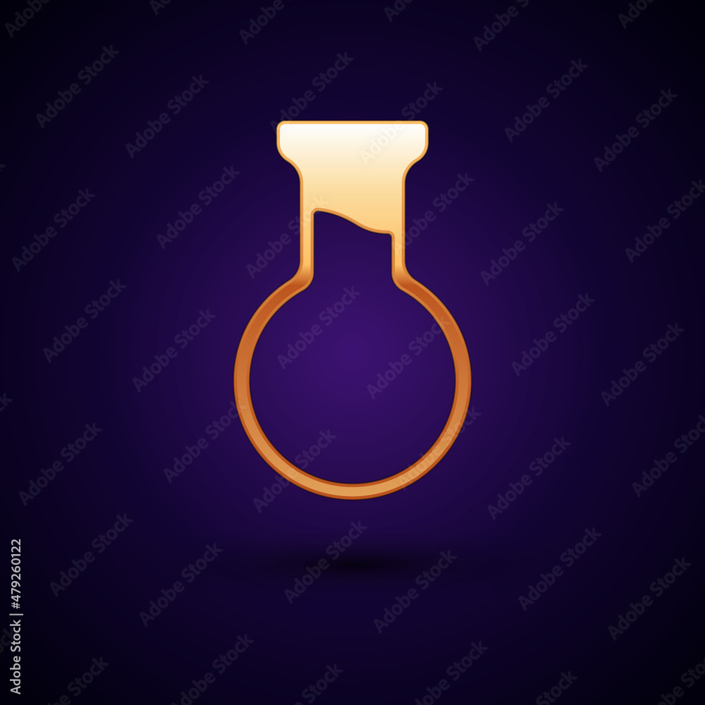 Gold Test tube and flask icon isolated on black background. Chemical laboratory test. Laboratory glassware. Vector Gold Test tube and flask icon isolated on black background. Chemical laboratory test. Laboratory glassware. Vector