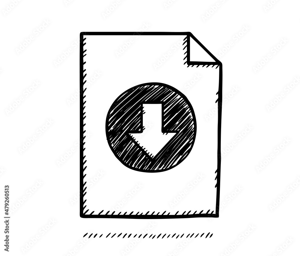 Hand drawn vector illustration of downloading file. Black and white doodle with download file button. Hand drawn vector illustration of downloading file. Black and white doodle with download file button.