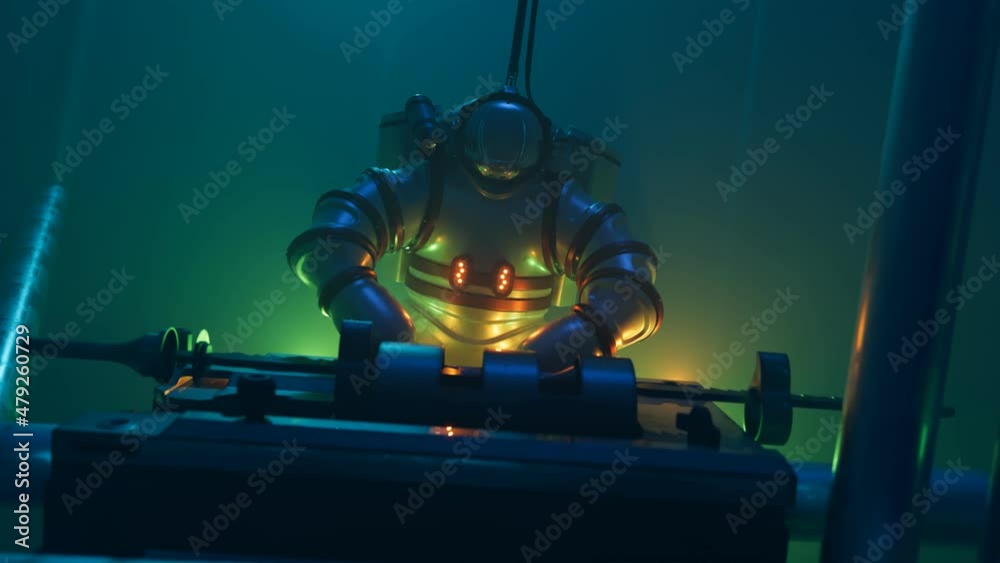 Diver in a high tech exosuit. Underwater discovering. Submarine suit