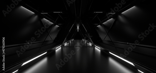 Fotografie, Obraz A dark tunnel lit by white neon lights