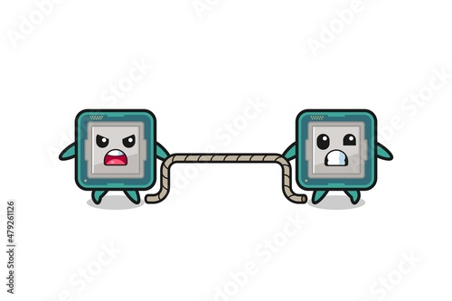 cute processor character is playing tug of war game