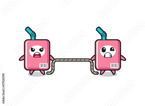 cute milk box character is playing tug of war game