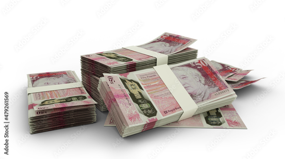 3D Stack of 50 Scottish pound notes isolated on white background 3D Stack of 50 Scottish pound notes isolated on white background