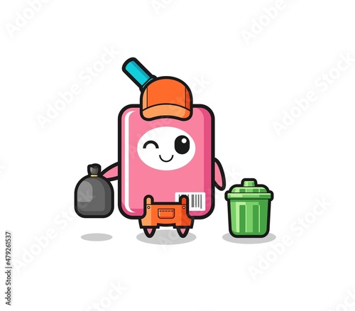 the mascot of cute milk box as garbage collector