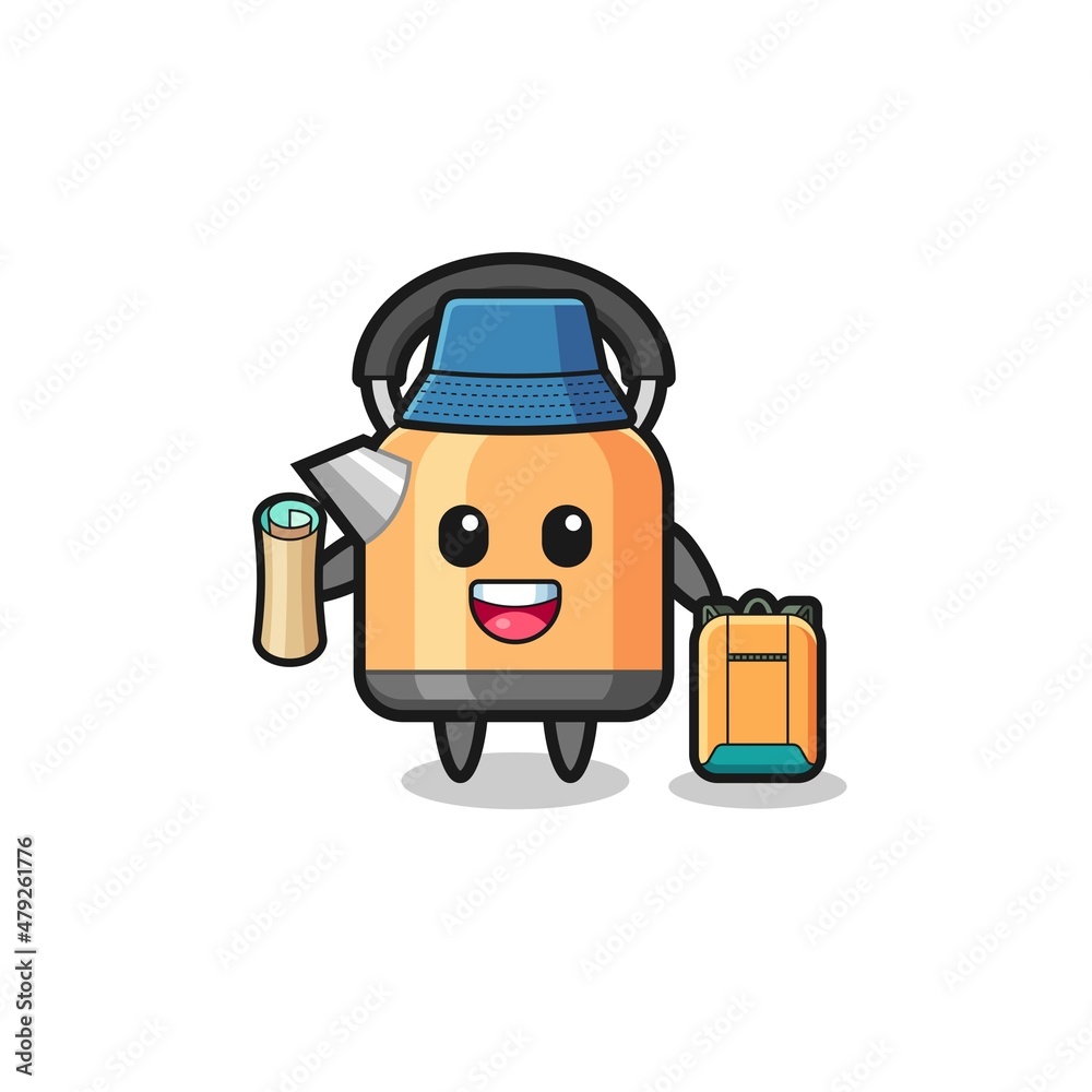 kettle mascot character as hiker
