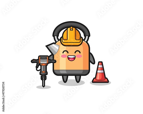 road worker mascot of kettle holding drill machine