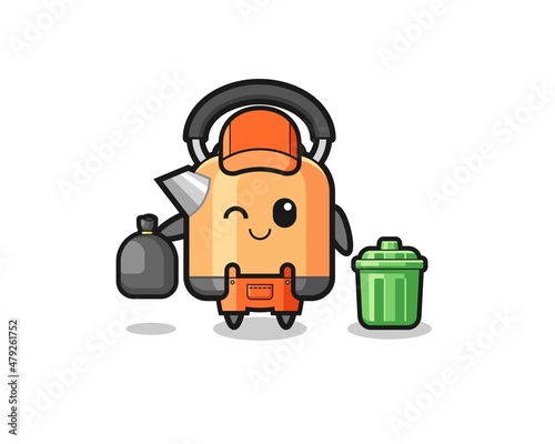 the mascot of cute kettle as garbage collector