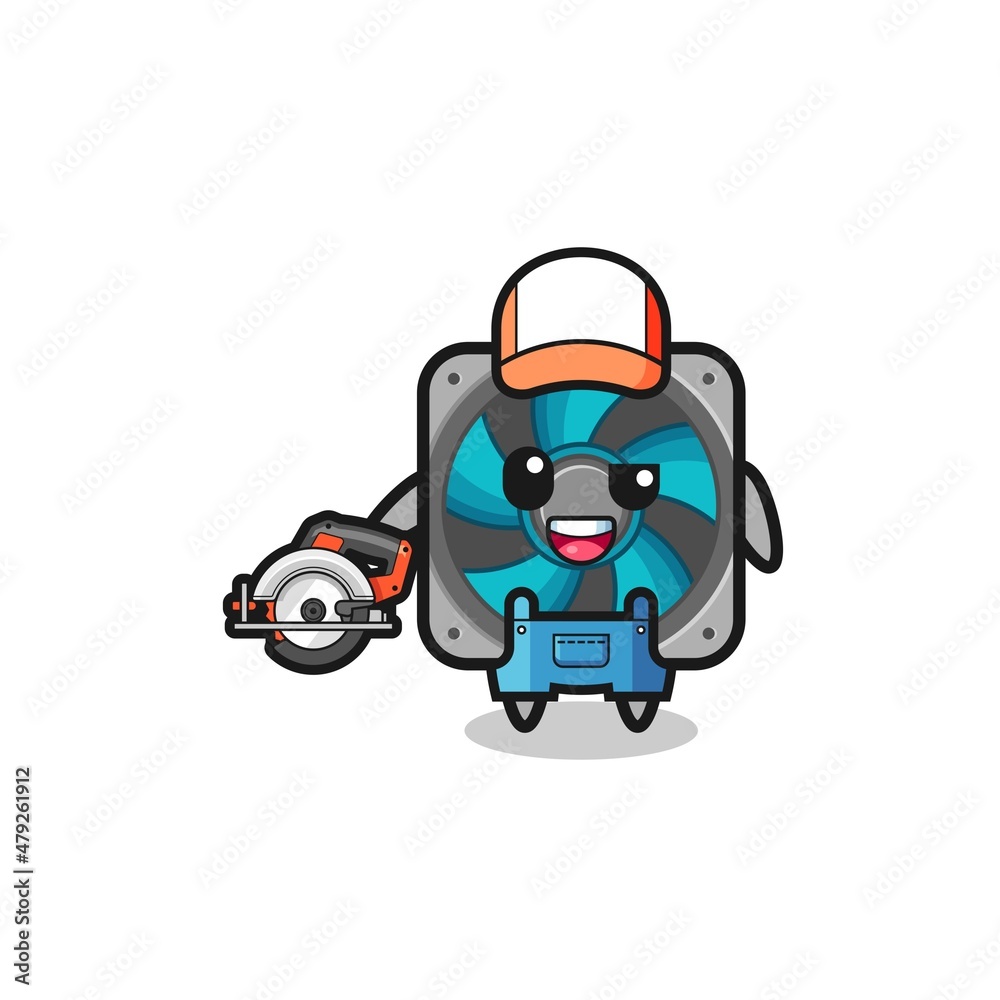 the woodworker computer fan mascot holding a circular saw the woodworker computer fan mascot holding a circular saw