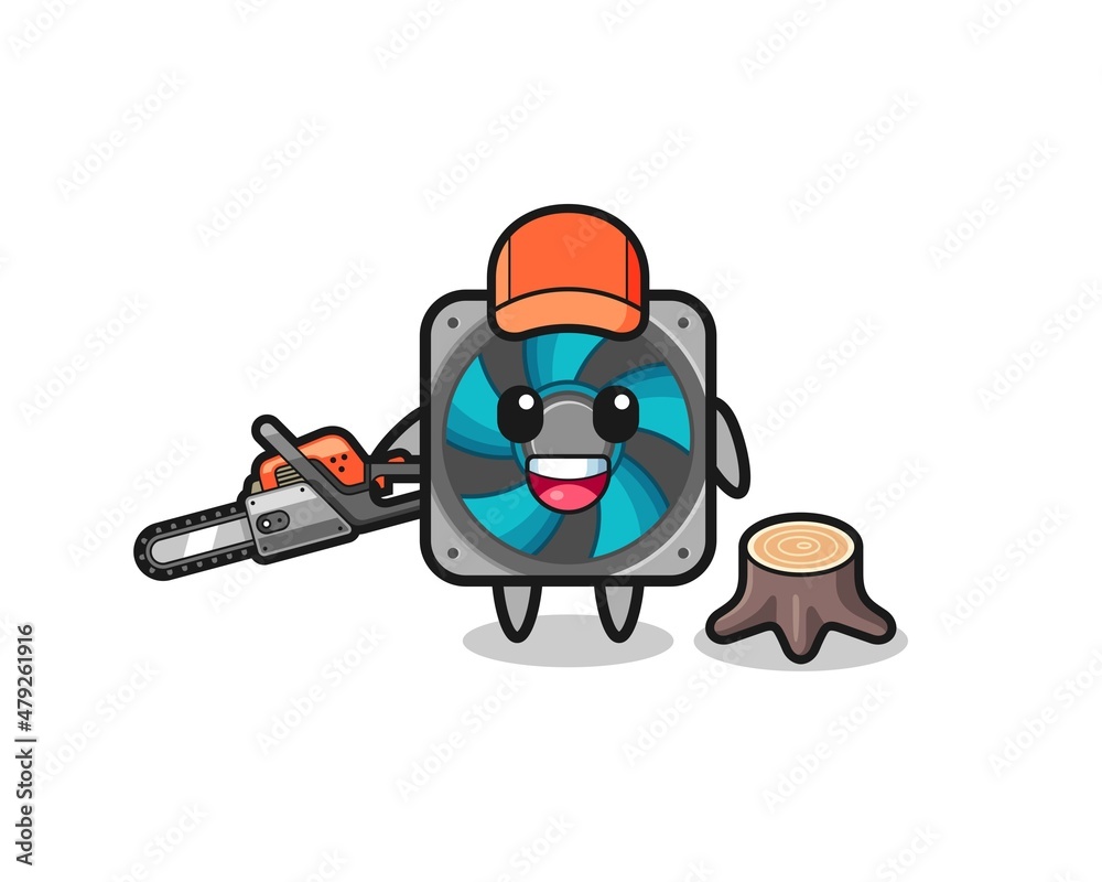 computer fan lumberjack character holding a chainsaw