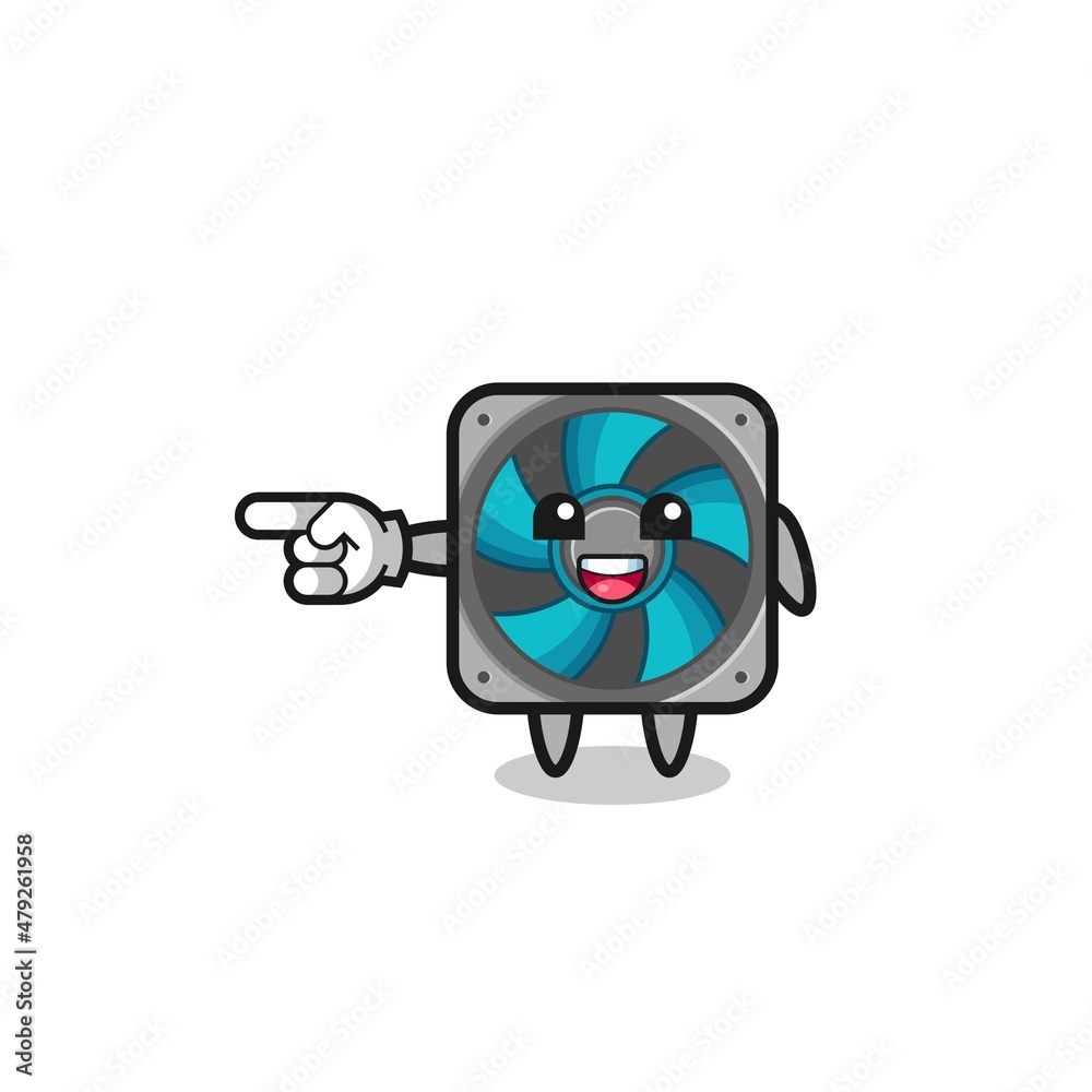 computer fan cartoon with pointing left gesture computer fan cartoon with pointing left gesture