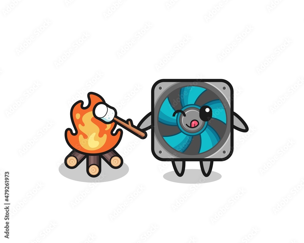 computer fan character is burning marshmallow