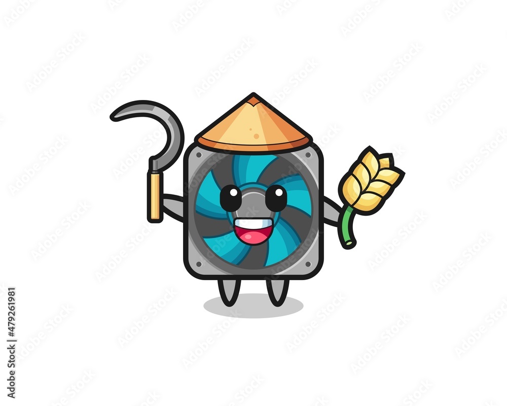 computer fan Asian farmer holding paddy