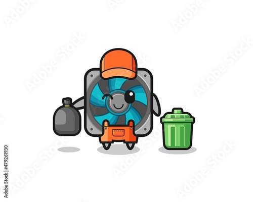 the mascot of cute computer fan as garbage collector