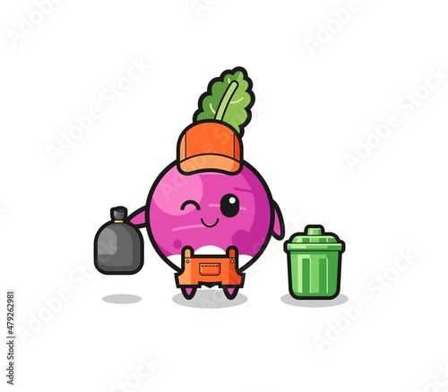 the mascot of cute turnip as garbage collector
