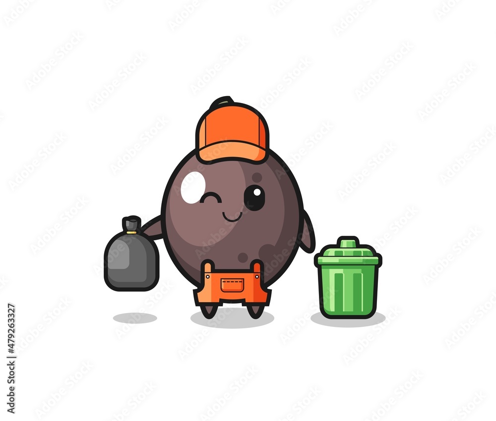 the mascot of cute black olive as garbage collector the mascot of cute black olive as garbage collector