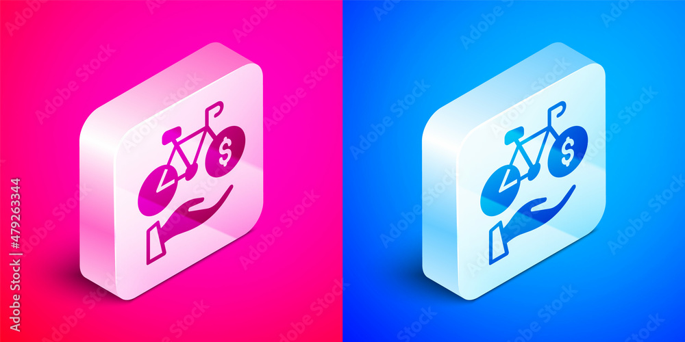 Isometric Bicycle rental mobile app icon isolated on pink and blue background. Smart service for rent bicycles in the city. Mobile app for sharing system. Silver square button. Vector Isometric Bicycle rental mobile app icon isolated on pink and blue background. Smart service for rent bicycles in the city. Mobile app for sharing system. Silver square button. Vector