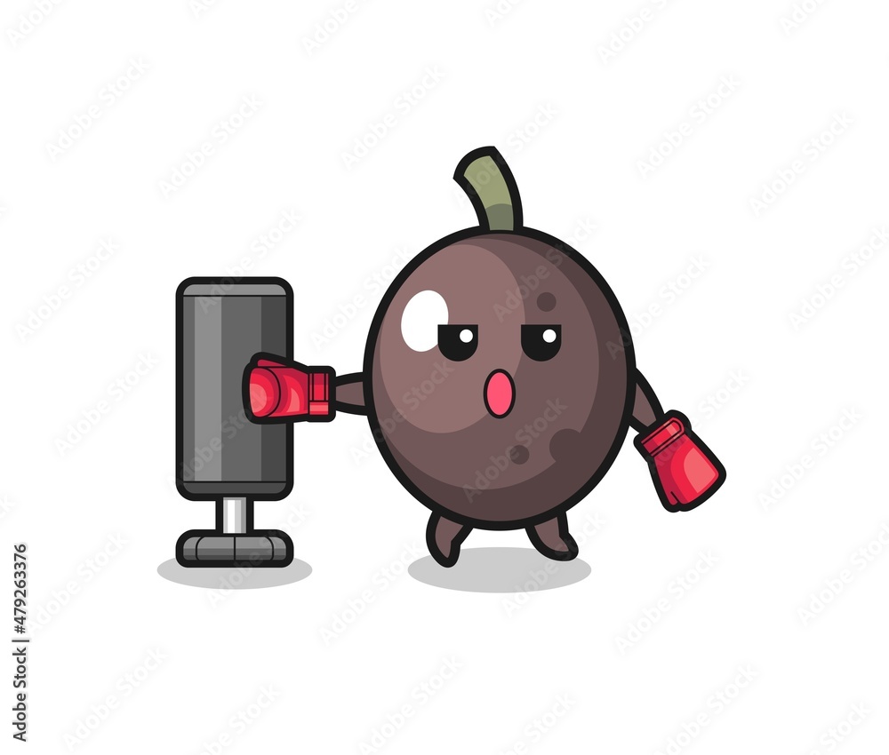 black olive boxer cartoon doing training with punching bag black olive boxer cartoon doing training with punching bag