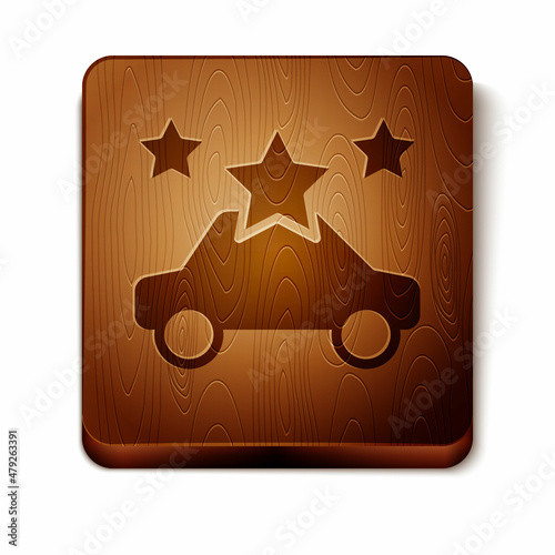 Brown Car sharing icon isolated on white background. Carsharing sign. Transport renting service concept. Wooden square button. Vector