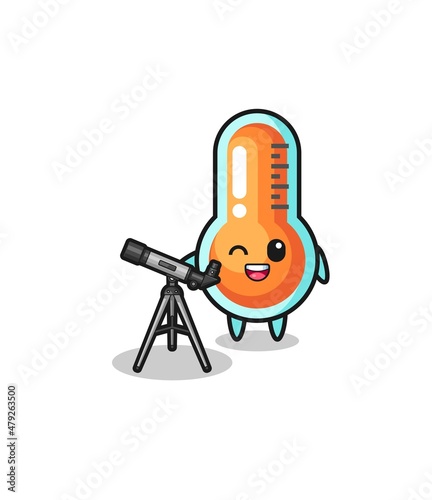 thermometer astronomer mascot with a modern telescope