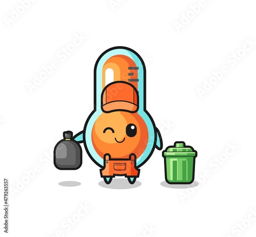 the mascot of cute thermometer as garbage collector