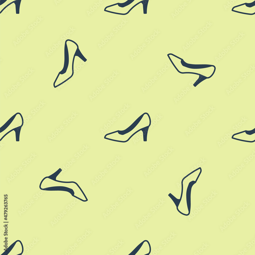 Blue Woman shoe with high heel icon isolated seamless pattern on yellow background. Vector