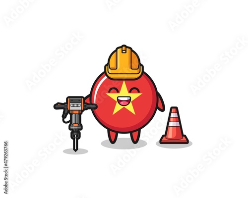 road worker mascot of vietnam flag holding drill machine