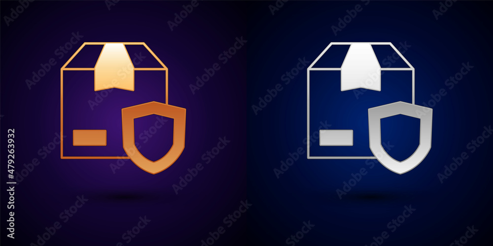 Gold and silver Delivery security with shield icon isolated on black background. Delivery insurance. Insured cardboard boxes beyond the shield. Vector Gold and silver Delivery security with shield icon isolated on black background. Delivery insurance. Insured cardboard boxes beyond the shield. Vector