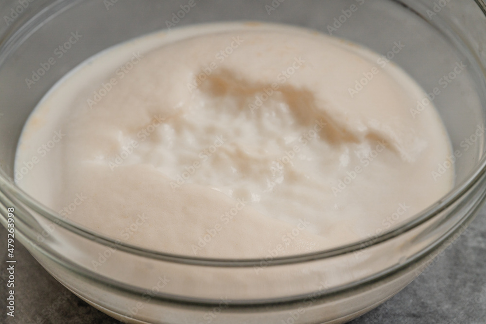 Homemade starter yeast growing. Step by step bread dough recipe, close up view Homemade starter yeast growing. Step by step bread dough recipe, close up view