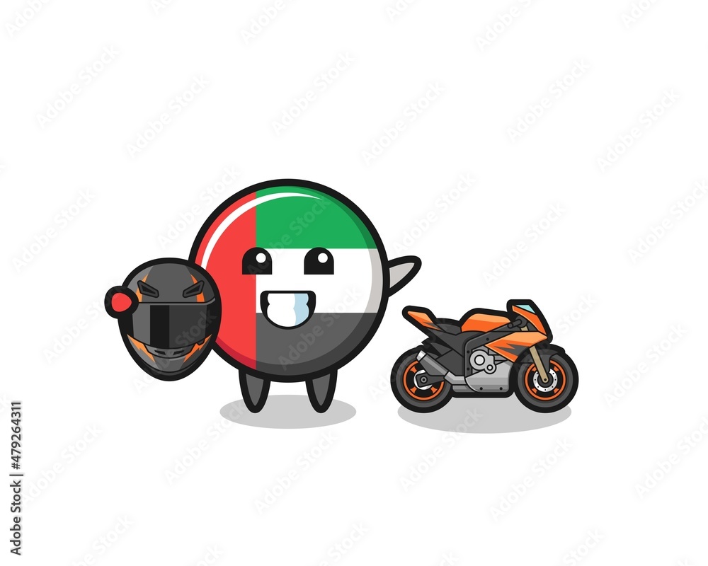 cute uae flag cartoon as a motorcycle racer