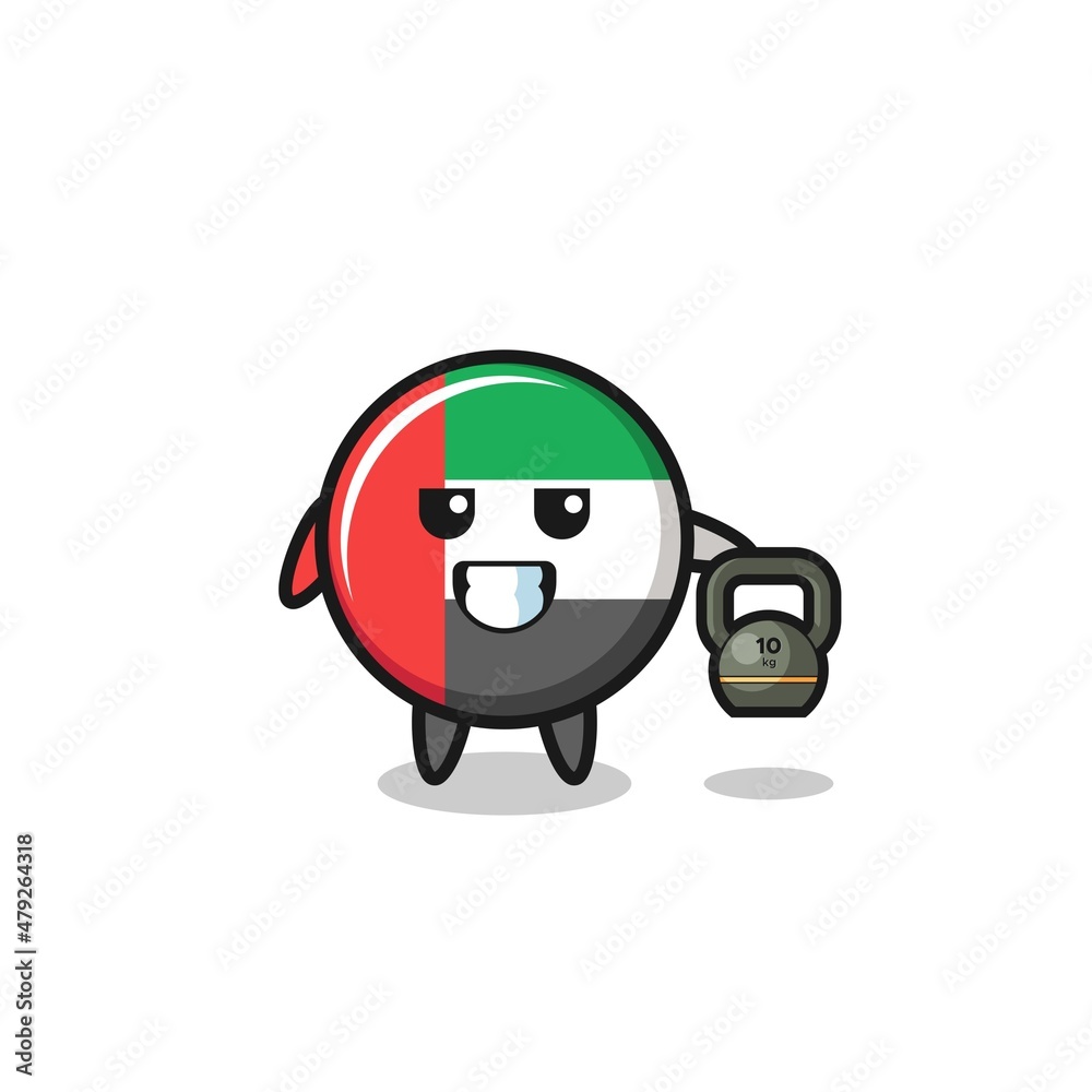 uae flag mascot lifting kettlebell in the gym