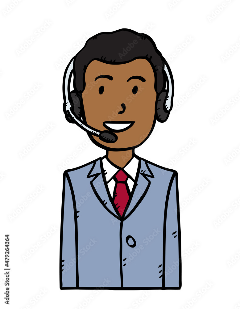 Sketch style vector illustration of customer support man on white background.