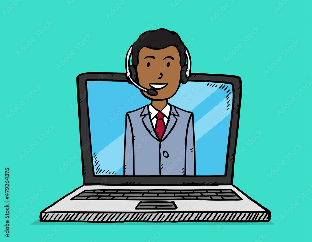 Sketch style vector illustration of customer support man showing on laptop screen. Sketch style vector illustration of customer support man showing on laptop screen.