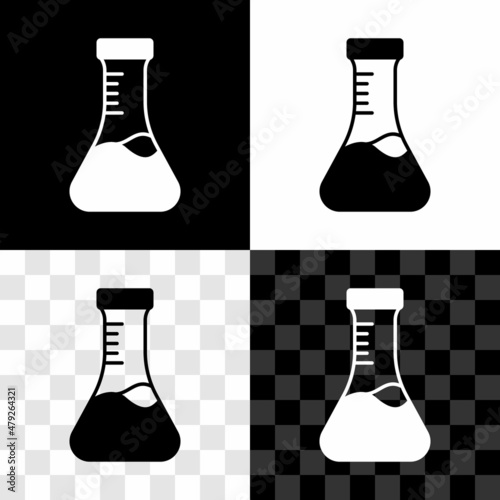 Set Test tube and flask chemical laboratory test icon isolated on black and white, transparent background. Laboratory glassware sign. Vector