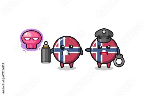 norway flag cartoon doing vandalism and caught by the police