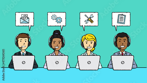 Sketch style vector illustration of customer support team with icons. Man and woman with headphones are working on laptops to bring best quality service to clients.