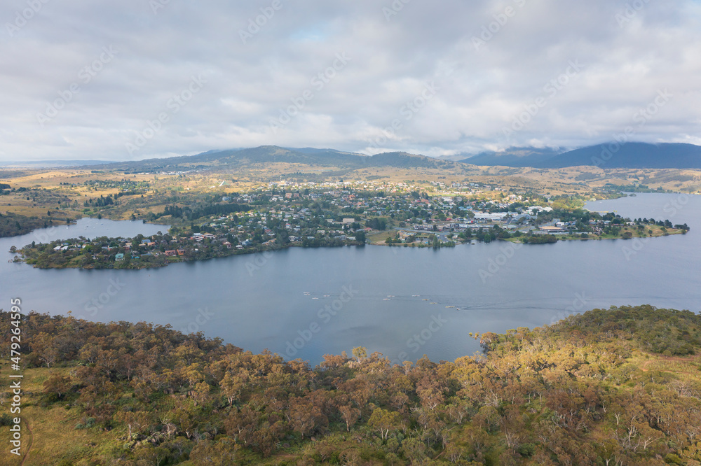 Drone aerial photograph of the town of Jindabyne in the Snowy Mountains in Australia