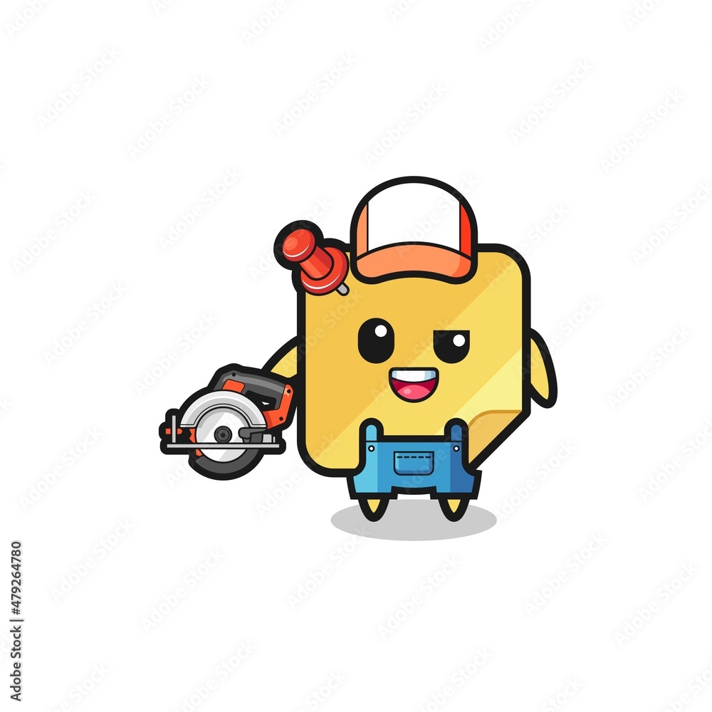the woodworker sticky notes mascot holding a circular saw