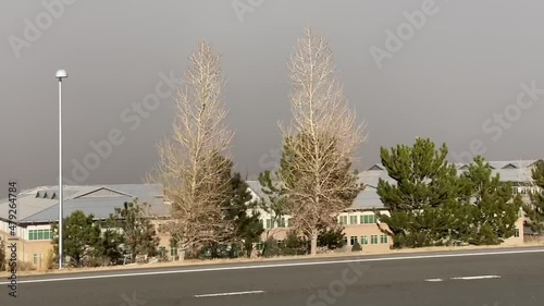 Heavy Smoke From Wildfire Above Homes and Buildings in Residential Neighborhood in Boulder County, Colorado USA, View From Moving Vehicle photo