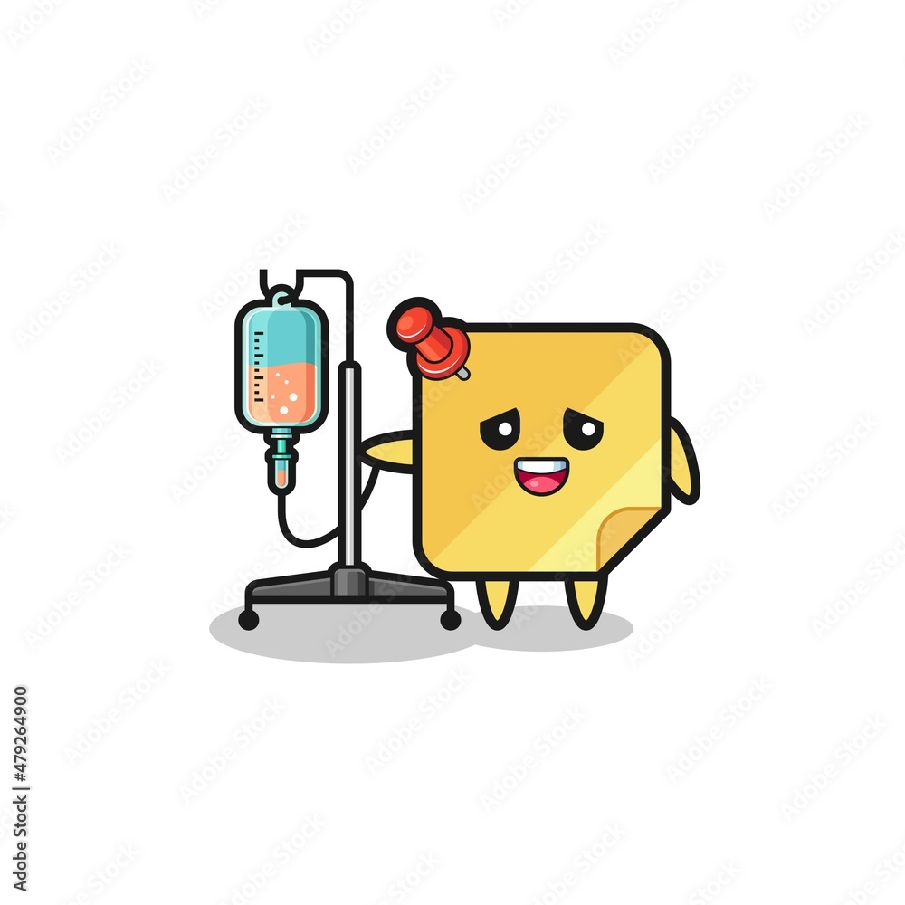 cute sticky notes character standing with infusion pole