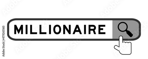 Search banner in word millionaire with hand over magnifier icon on white background
