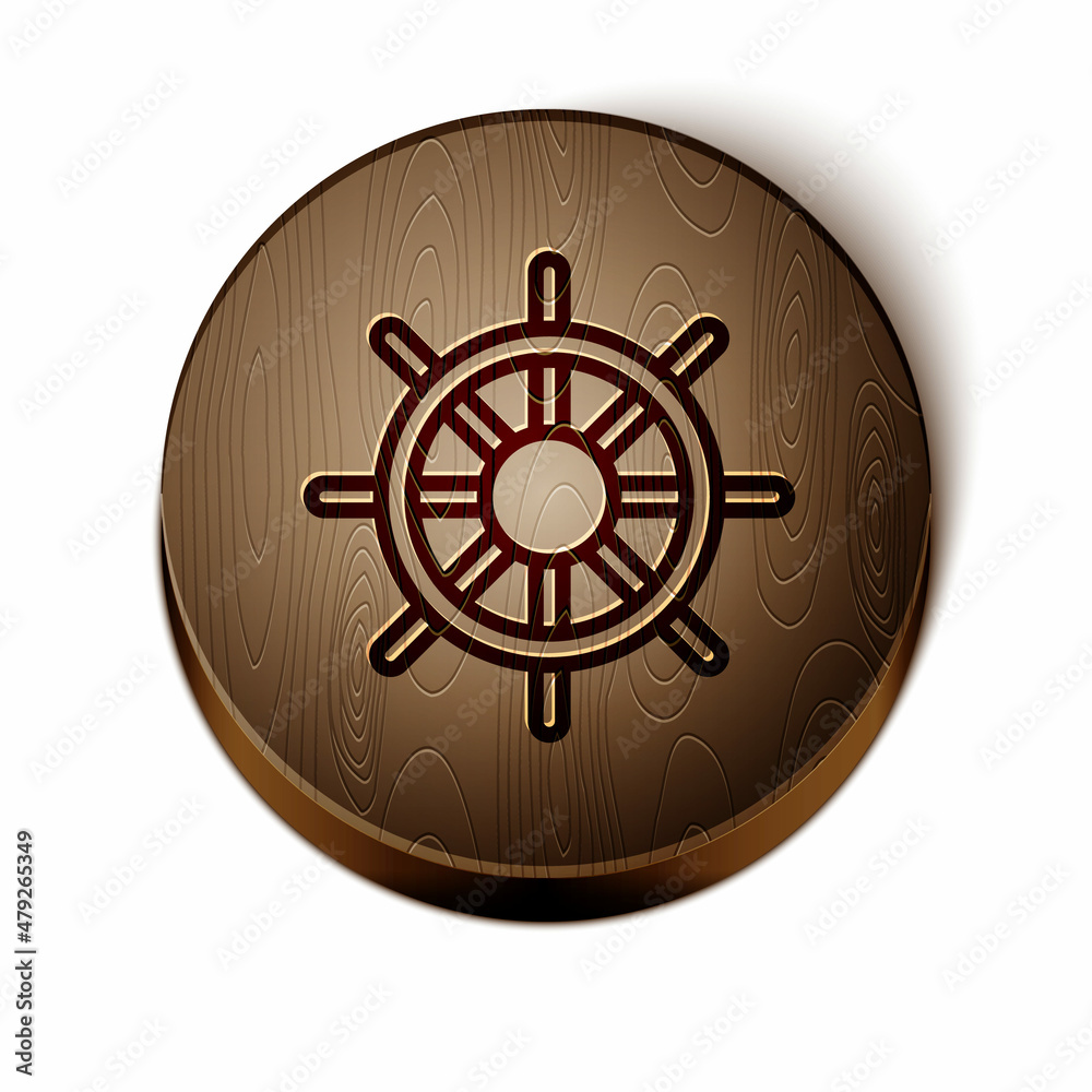 Obraz premium Brown line Ship steering wheel icon isolated on white background. Wooden circle button. Vector