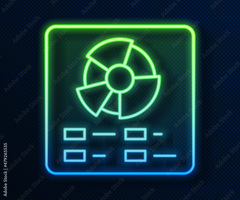 Glowing neon line Pie chart infographic icon isolated on blue background. Diagram chart sign. Vector Glowing neon line Pie chart infographic icon isolated on blue background. Diagram chart sign. Vector
