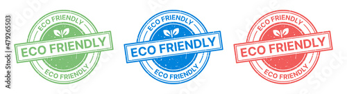 Eco-friendly grunge label stamp.  Eco friendly rubber stamp in blue, green and red design.