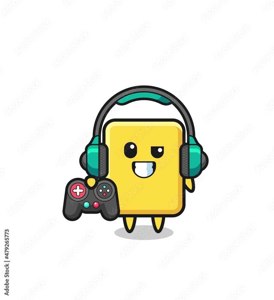 yellow card gamer mascot holding a game controller yellow card gamer mascot holding a game controller